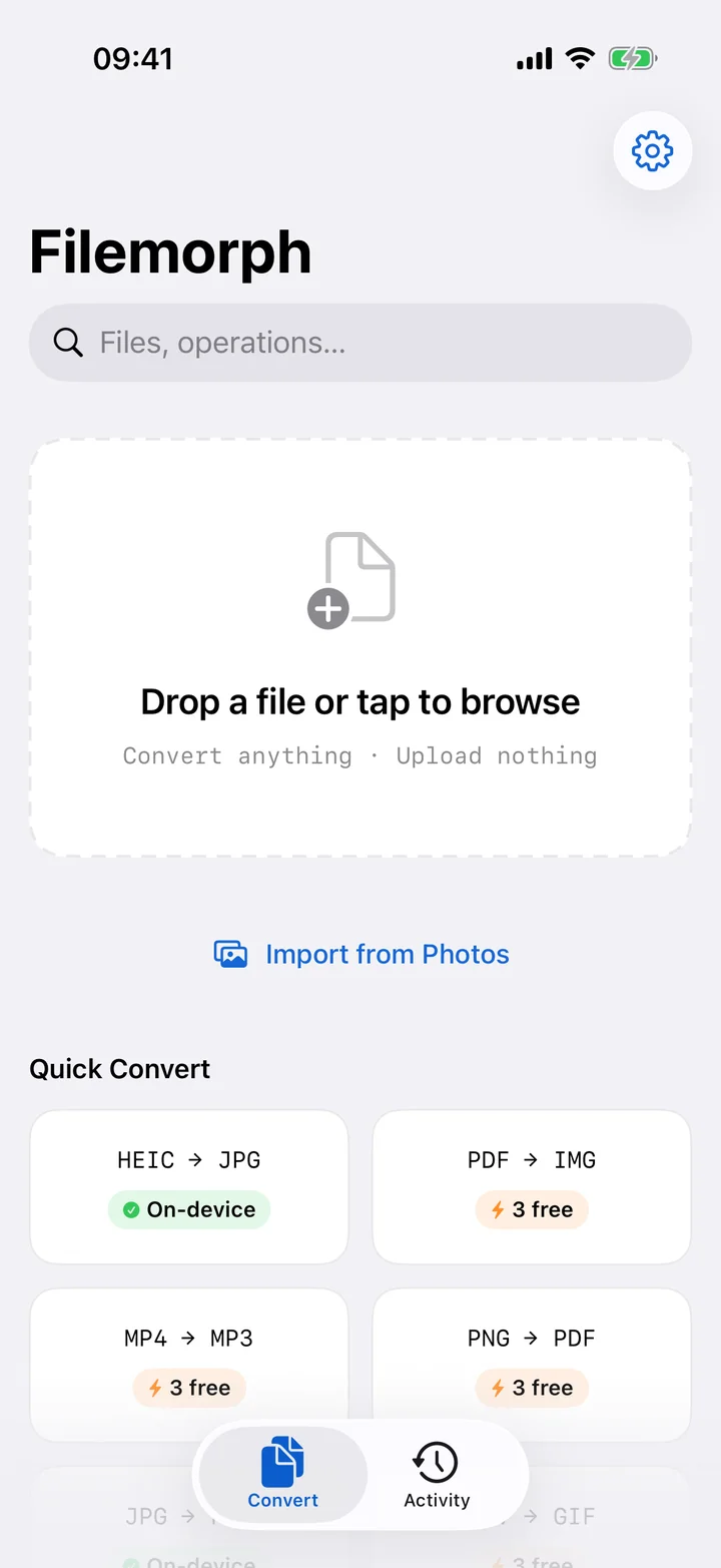 Filemorph HEIC converter home screen on iPhone