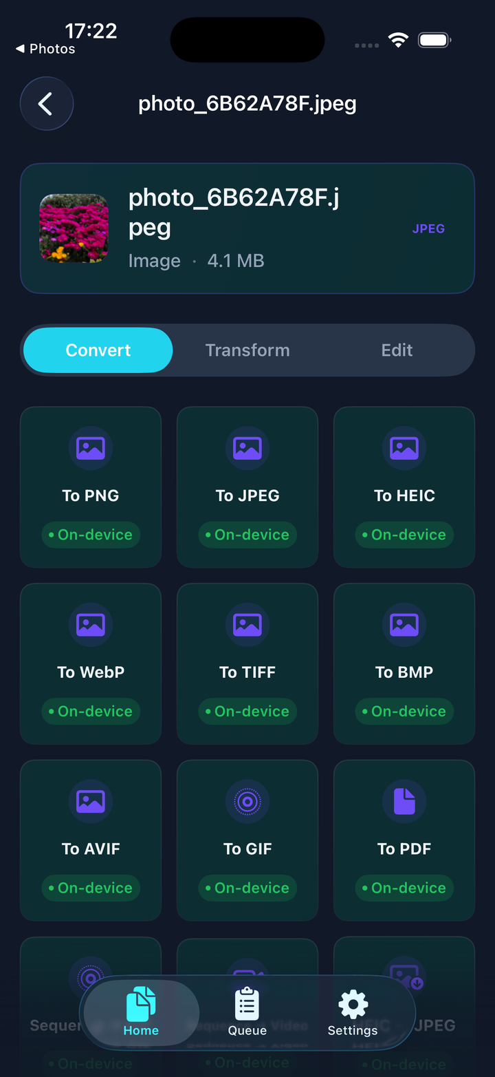 Conversion grid showing To PNG, JPEG, HEIC, WebP and more