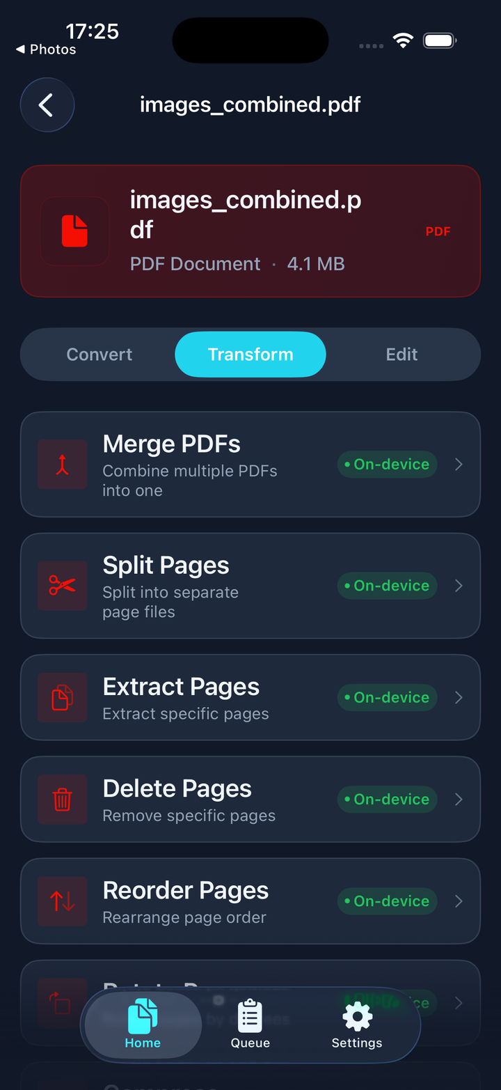 PDF toolkit showing merge, split, extract pages and more