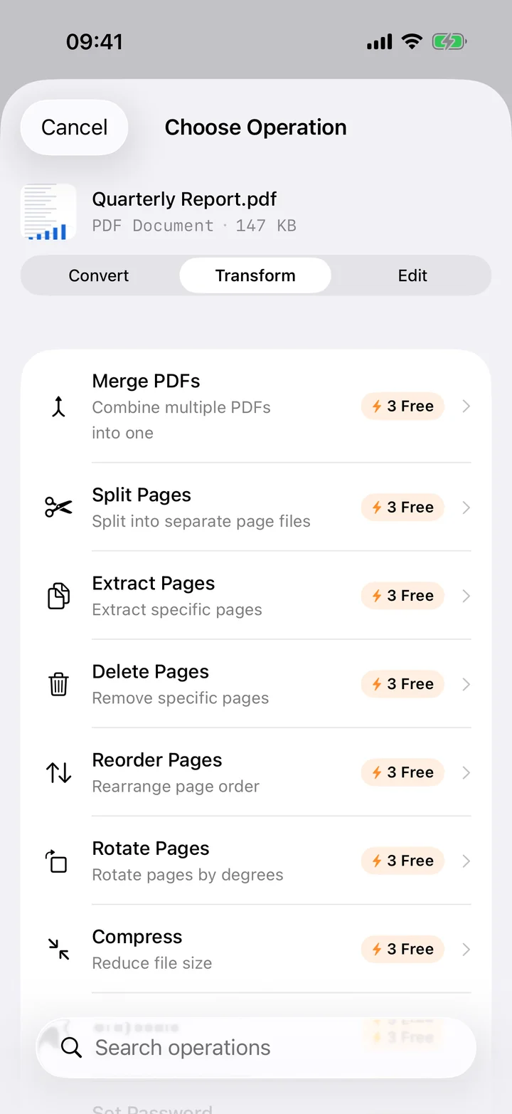 Filemorph merging several PDFs into one document on iPhone