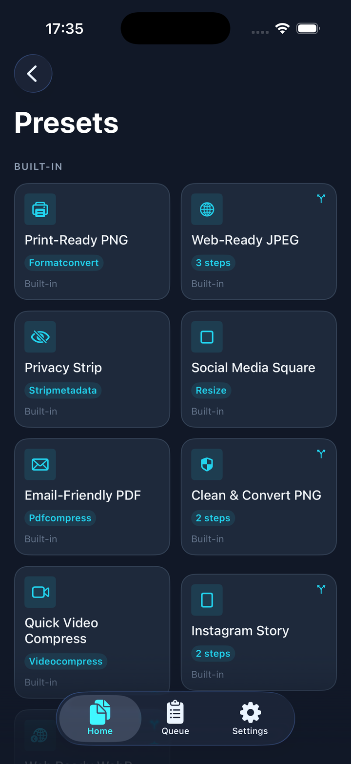 Built-in presets including Privacy Strip, Web-Ready JPEG and Print-Ready PNG