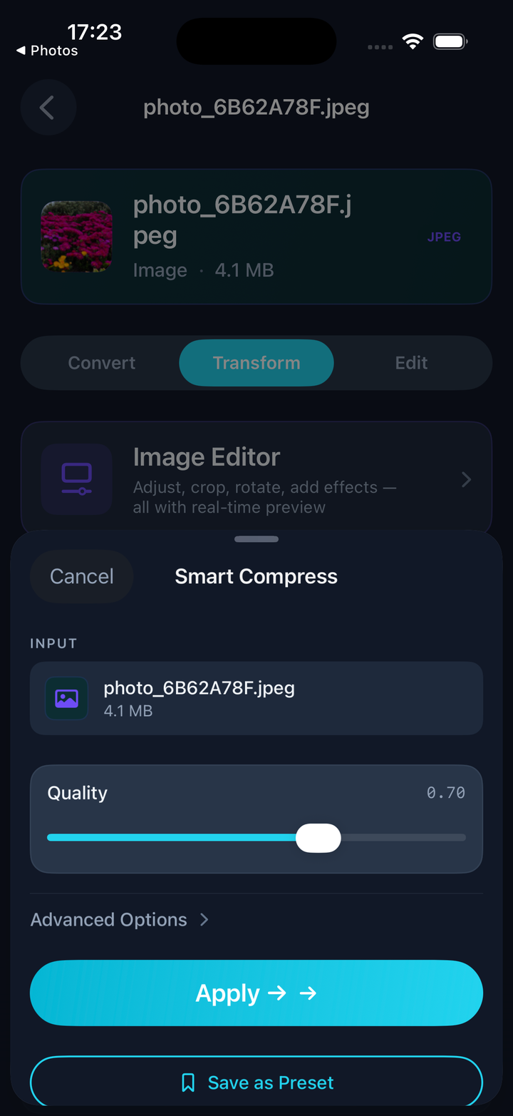 Smart Compress dialog with quality slider for fine control